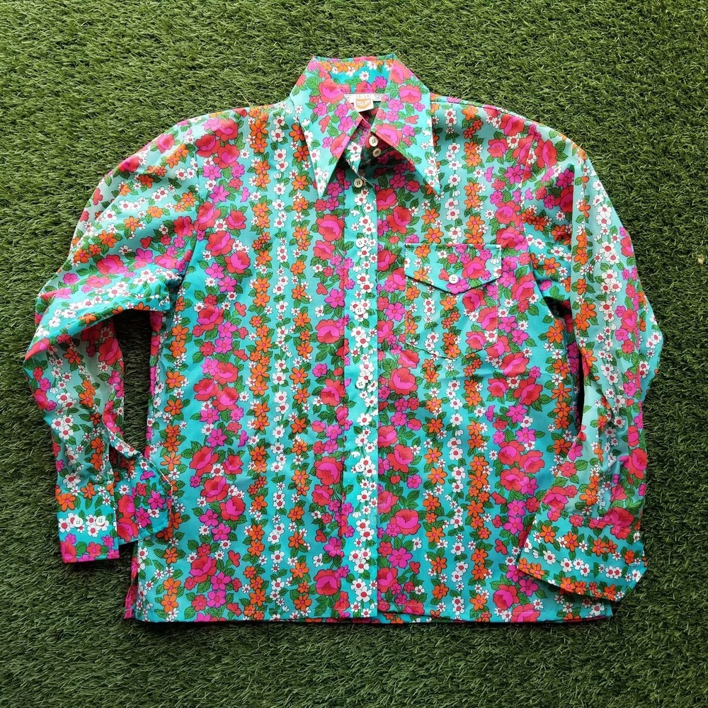 SKYR 70's Psychedelic Floral Dagger Collar Nylon Blouse Womens Small